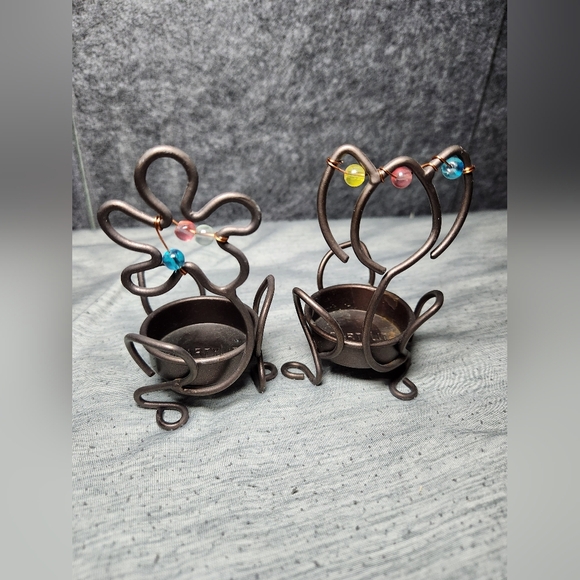 Partylite Beaded Flowers x2 Bronze Wire Tealight Holder Pair - Picture 3 of 6
